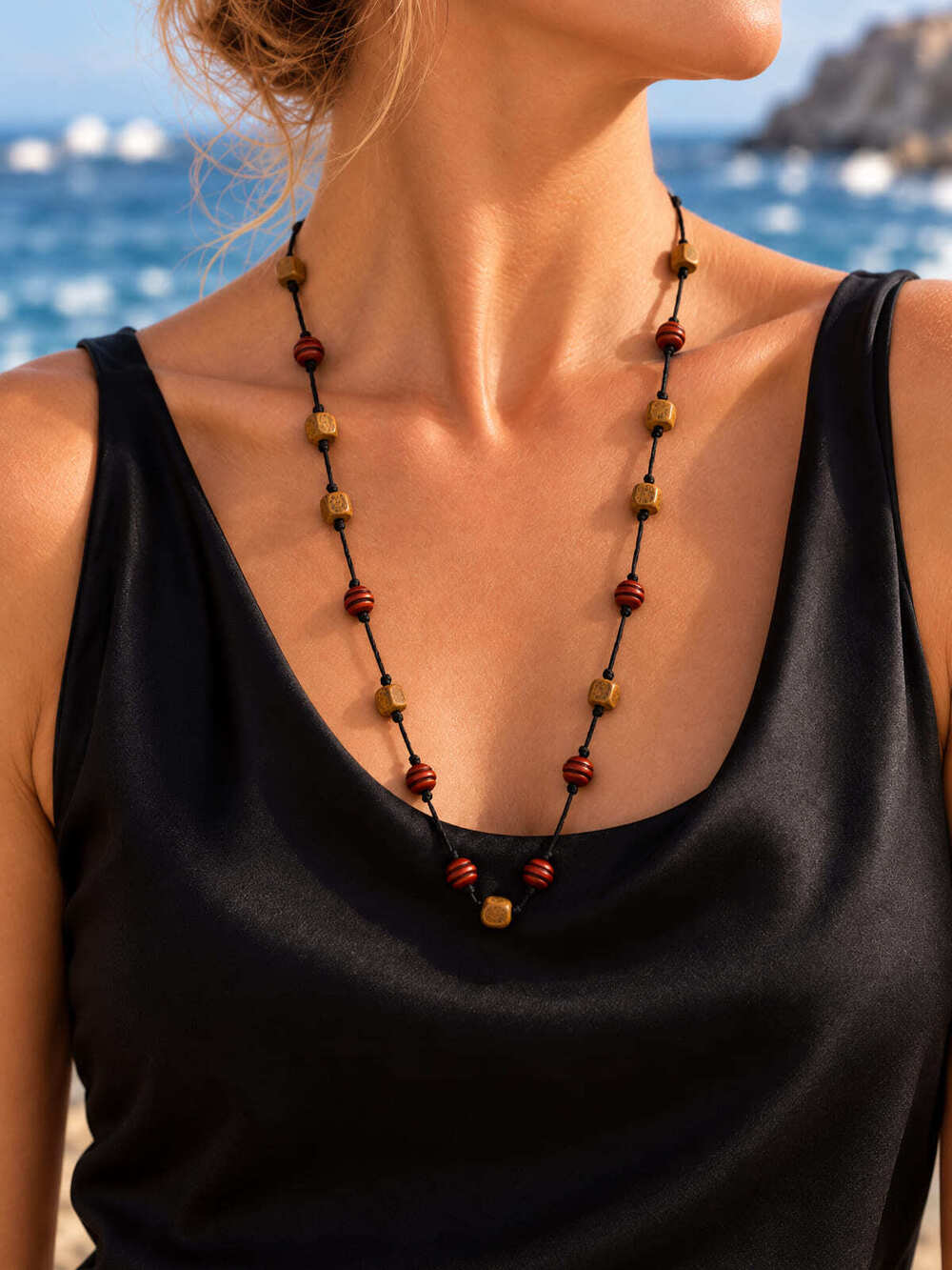 ⚜️ Boho Bead Strand | Gold-Tone & Red Striped Cord Necklace 💗